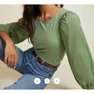 Nation LTD Shalom Tie Back Puff Sleeve Top Blouse Combo Tee XS Clover Green
